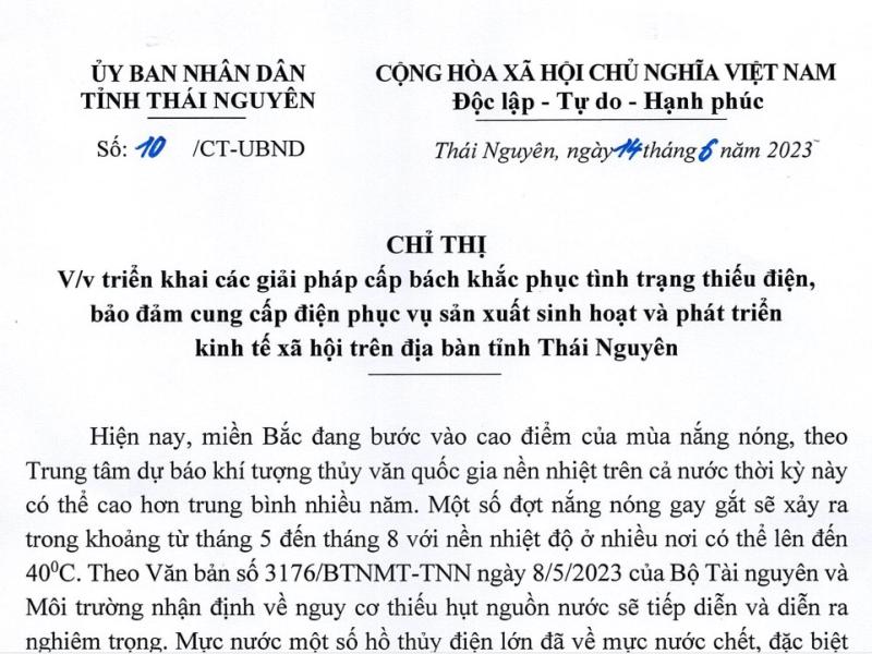 Chỉ thị của Chủ tịch UBND tỉnh Thái Nguyên về việc triển khai các giải pháp cấp bách khắc phục tình trạng thiếu điện, bảo đảm cung cấp điện phục vụ sản xuất sinh hoạt và phát triển kinh tế xã hội trên địa bàn tỉnh Thái Nguyên