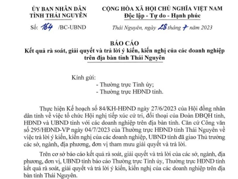 Báo cáo kết quả rà soát, giải quyết và trả lời ý kiến, kiến nghị của các doanh nghiệp trên địa bàn tỉnh Thái Nguyên