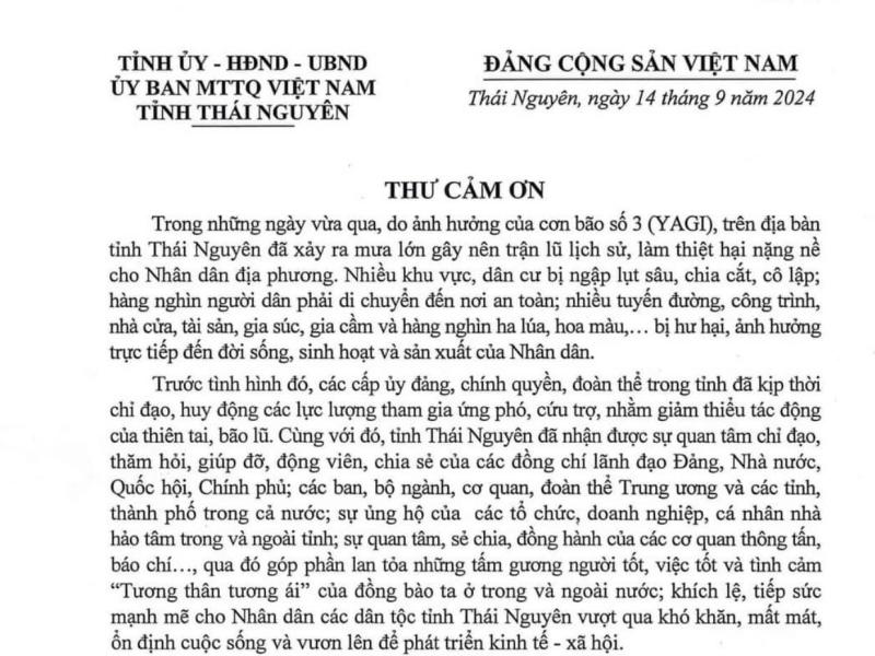 Thư cảm ơn của Tỉnh ủy - HĐND - UBND - Ủy ban MTTQ Việt Nam tỉnh Thái Nguyên